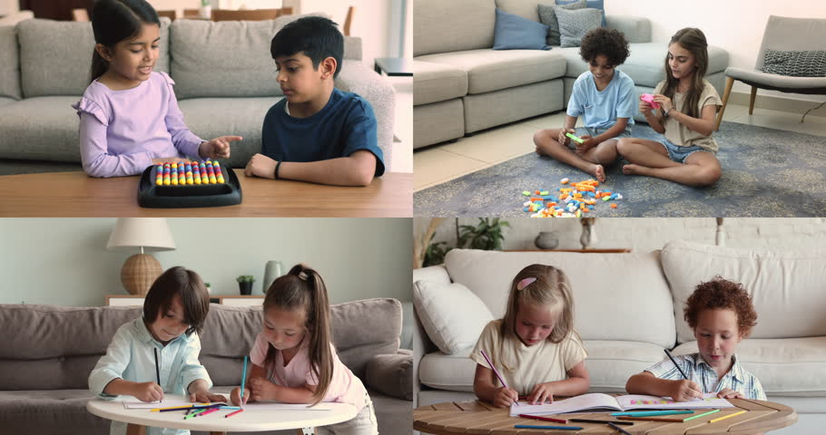 Group of diverse little children spend free time indoor, drawing pictures, build with colorful wooden blocks, play boardgame, develop skills, logic and talent enjoy hobby and playtime together at home Royalty-Free Stock Footage #3411562125