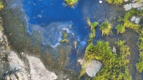 Industrial wastewater pollutes surface water when chemicals and contaminants are discharged, harming aquatic ecosystems. Chemical pollution and Soil pollution concept. Aerial footage.
