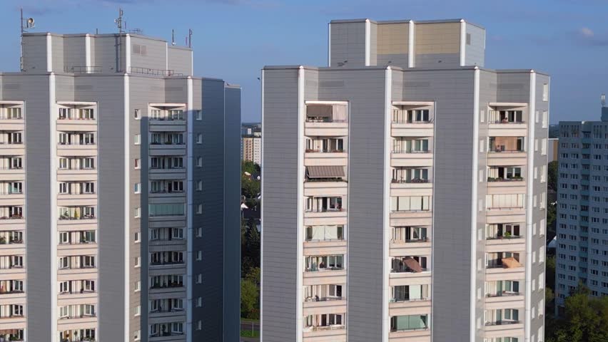 German Panel System Building Berlin Marzahn. Magic aerial top view flight drone
