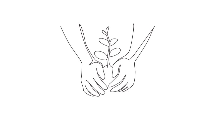 Self drawing animation of single line draw farmer's hands growing tree, save world, heal world, love nature. Ecology tree growing up, planting on land. Continuous line draw. Full length animated