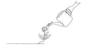 Animated self drawing of continuous line draw hand holding watering can watering money plant. Hand of businessman who pours money tree. Concept of earnings, success. Full length single line animation - Powered by Shutterstock - Get 15% off with code: PIKWIZARD15