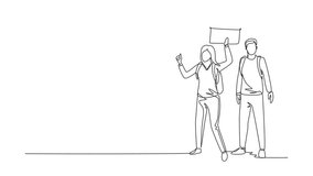 Self drawing animation of single line draw couple with backpacks standing near road, hitchhiking. Man woman thumbing, hitching. Adventure travel, road trip. Continuous line draw. Full length animated