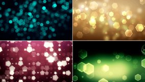 Colorful defocused hexagonal backgrounds with copy space. A collage of four different videos. 4k Resolution.