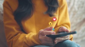 Hands of woman chat typing on smart phone relax watch live video and post button love, heart, chat, emoji icon, Social media, social network concept - Powered by Shutterstock - Get 15% off with code: PIKWIZARD15