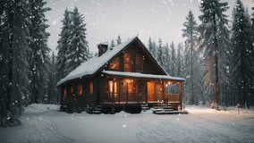 Cabin in winter forest with falling snow, for background relaxation ASMR lofi. Looping time-lapse video