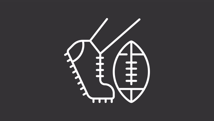 Animated kickoff white icon. Player and pigskin line animation. American football match. Initial kick of game. Black illustration on white background. HD video. Motion graphic