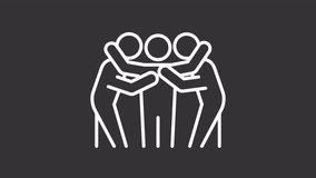 Team huddle white line animation. Team players animated icon. Unity in sports. Motivation. Strategy discussion. Black illustration on white background. HD video Motion graphic