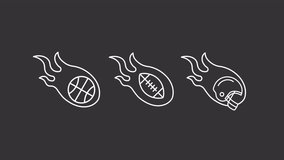 Animated dynamic sport white icons. Athletic equipment in flames line animation library. American football. Black illustrations on white background. HD video Motion graphic