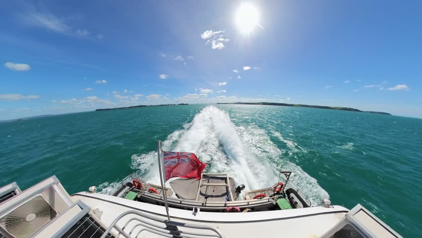 Back view from speedboat in New Zealand ocean at sunny day Royalty-Free Stock Footage #3412042303