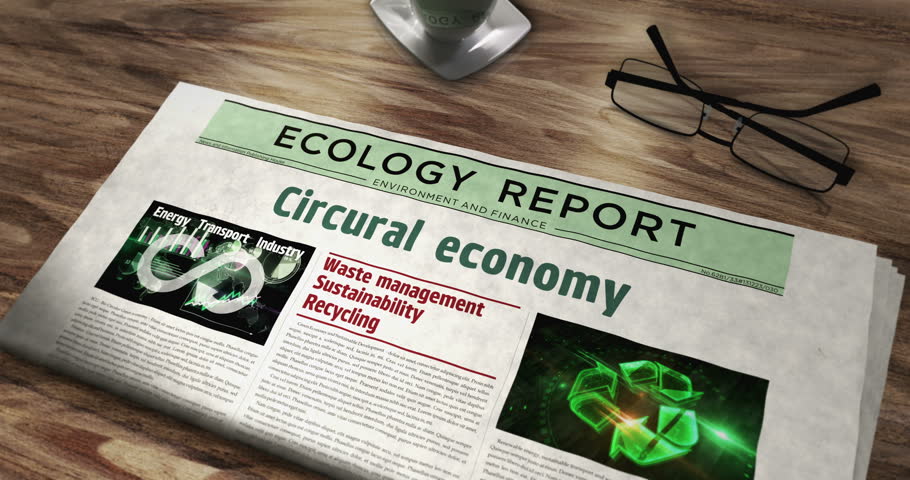 Circular economy and ecology zero waste industry daily newspaper on table. Headlines news abstract concept 3d.