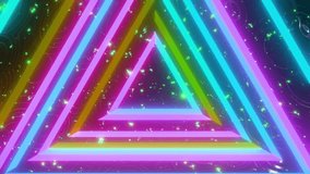 Beautiful abstract triangle tunnel with light lines. Different colors rainbow. Background futuristic tunnel with neon lights. Looped 3d animation art concept. Abstract cyclic background. VJ concept