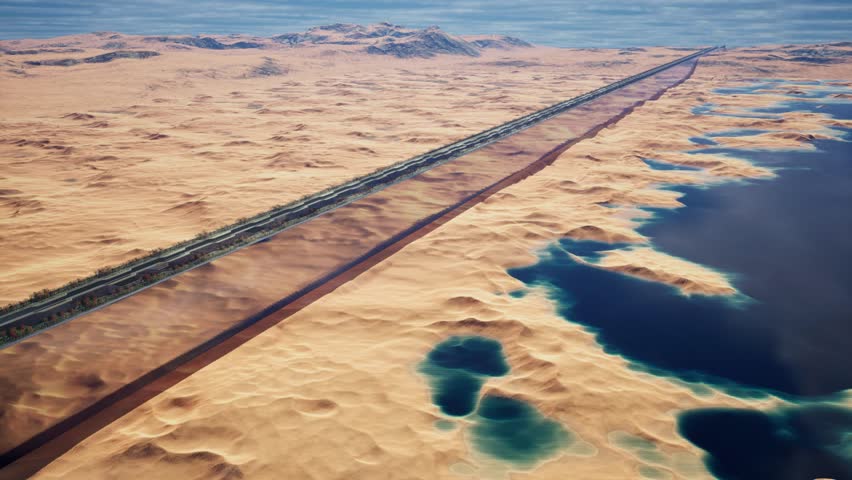 The Line is a revolutionary urban development along a linear path at the site of NEOM -  Saudi Arabia’s groundbreaking megacity project.  Royalty-Free Stock Footage #3412155005