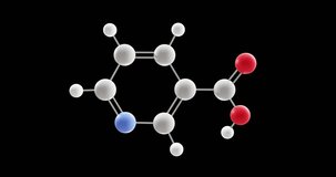 Niacin molecule, rotating 3D model of vitamer of vitamin b3, looped video on a black background