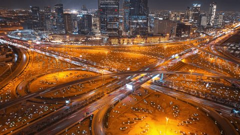 Drone hyperlapse aerial shot of King Abdullah Financial District ( KAFD ) at night, Riyadh City, Saudi Arabia Stock Video