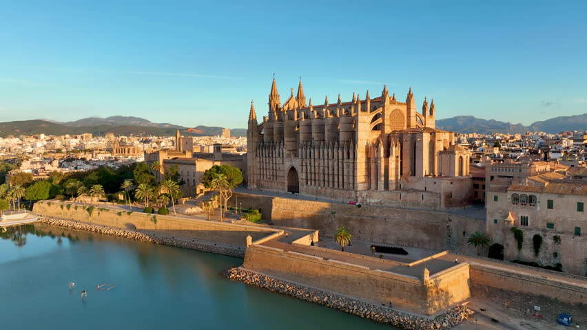 Aerial view of Palma de Mallorca cityscape. Cathedral La Seu of Santa Maria Royal Palace of La Almudaina. Balearic Islands. Spain