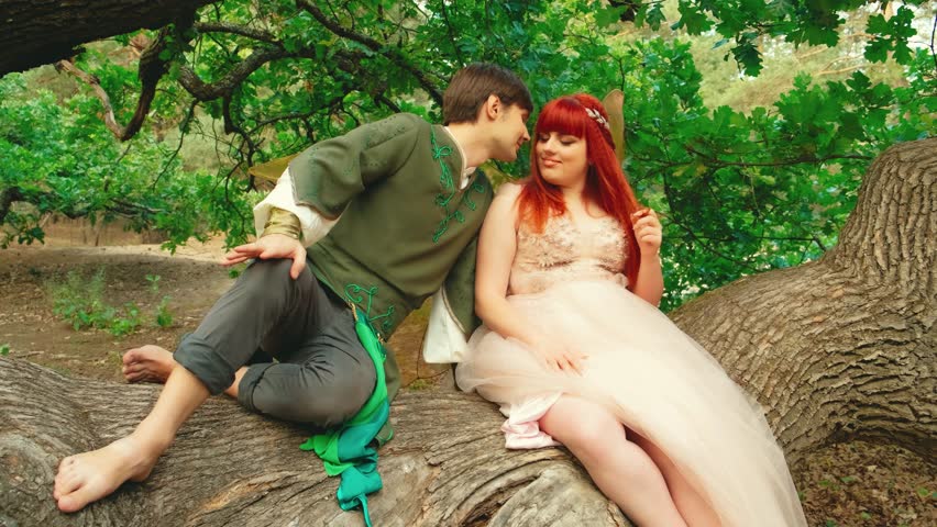Romantic fantasy couple in love sits on branch old huge oak tree. Elf prince man and fairy woman pixie hugging. Girl happy princess long pink white dress wedding day costume wings. green forest leaves Royalty-Free Stock Footage #3412329103