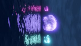 Night Landscape with Three holograms of Planets rotate in the Sky above the horizon with Sea in vertical animated video clip