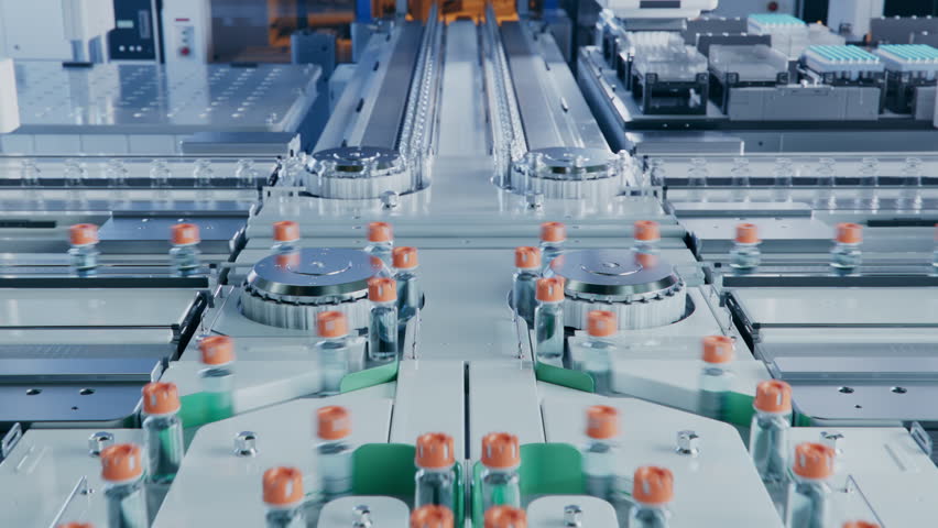 Medication Manufacturing Process. Fast Moving Glass Vials With Orange Caps on Conveyor Belt. Medical Ampoule Production Line at Modern Modern Pharmaceutical Factory.