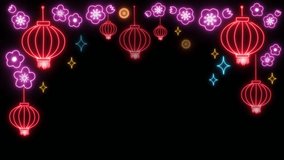 Chinese lanterns, cherry blossoms, blinking stars, coins colourful neon style Lunar New Year decorations creating a frame on black background, looping animation. - Powered by Shutterstock - Get 15% off with code: PIKWIZARD15