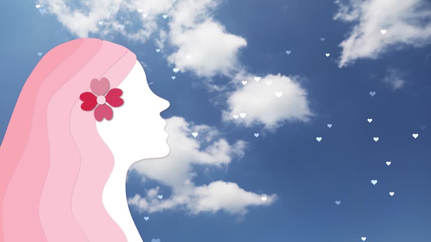  Female face icon with hearts on sky time lapse background.