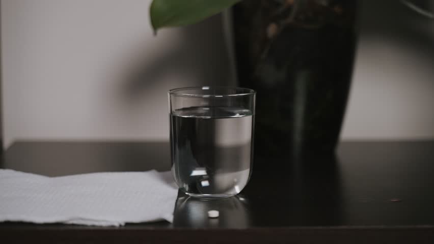close-up of person's hand reaching for pill next to glass of water on a dark surface. presence of pill suggests medication intake, home environment, healthcare and personal wellness management. Royalty-Free Stock Footage #3412411575