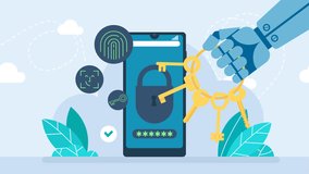 The robot holds the keys in his hand. Data protection on mobile. Protect your personal data on your cell phone. Protection of AI. Lock your data with your fingerprint, and face scan. 2d flat animation - Powered by Shutterstock - Get 15% off with code: PIKWIZARD15