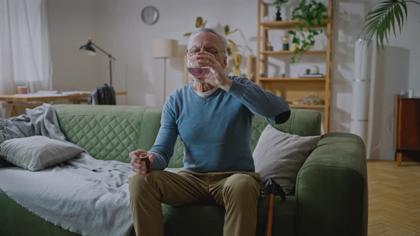 Unwell mature grandfather take pill drinking water having health problem or chronic illness. Unhappy sick senior man holding painkiller to relieve pain sitting on couch