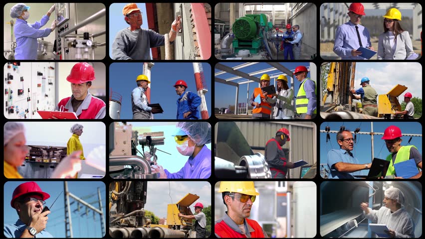 Employment of Men and Women in Industries. Male and Female Industrial Workers. People of Different Professions at Work. Professional Occupations. Employment and Labor. Industrial Production. Royalty-Free Stock Footage #3412483649