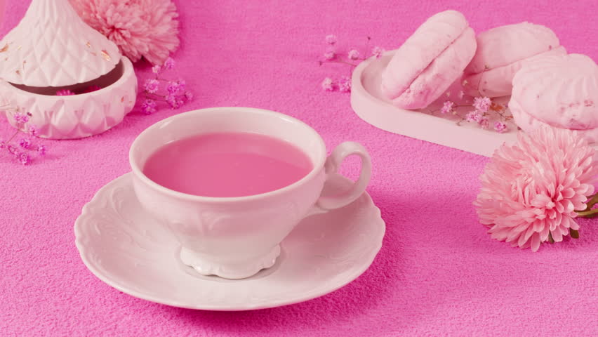 Pink background with cup of milk or tea, birthday barbie style table for tea ceremony with cakes and desserts, girl fashion food background, top view.