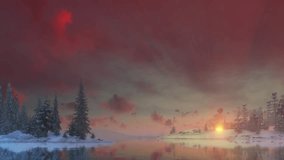 Movement along the river along the shore with a snow-covered forest and the first rays of the rising sun, 3D render - Powered by Shutterstock - Get 15% off with code: PIKWIZARD15