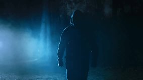 A menacing male figure in a night and foggy forest. A man walks slowly along the path. Scary scene from a horror - Powered by Shutterstock - Get 15% off with code: PIKWIZARD15