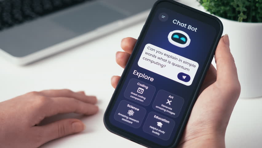 Asking an AI chatbot a question and getting the answer. Searching for business-related inform ation using artificial intelligence, entering a prompt.