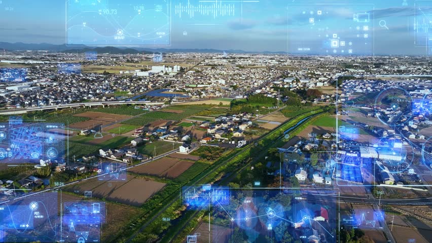 Modern agricultural area aerial view and digital technology concept. Smart city. Digital transformation. - Powered by Shutterstock - Get 15% off with code: PIKWIZARD15