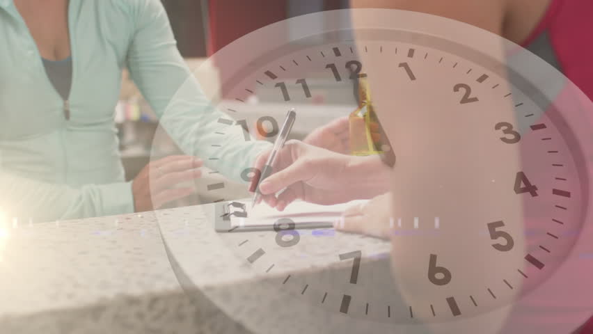 Animation of clock over caucasian woman in sportswear writing. Global sports, science, computing, digital interface and data processing concept digitally generated video. - Powered by Shutterstock - Get 15% off with code: PIKWIZARD15