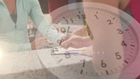 Animation of clock over caucasian woman in sportswear writing. Global sports, science, computing, digital interface and data processing concept digitally generated video. - Powered by Shutterstock - Get 15% off with code: PIKWIZARD15