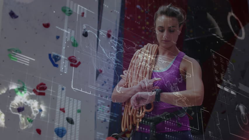 Animation of clock and data processing over caucasian woman by climbing wall. Global sports, science, computing, digital interface and data processing concept digitally generated video. - Powered by Shutterstock - Get 15% off with code: PIKWIZARD15