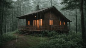 Cabin in the woods with rain falling, for ASMR lofi relaxation background. Repeating time lapse video