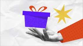 Stop motion animation. Female hands holding gift box over white paper background. Modern magazine collage design. Bright colors. 4K - Powered by Shutterstock - Get 15% off with code: PIKWIZARD15