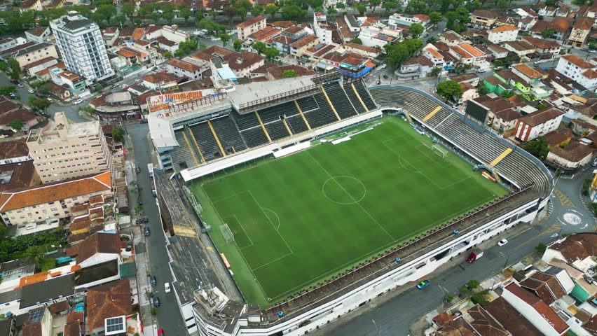 Santos, Brazil. Vila Belmiro football stadium at city of Santos, state of Sao Paulo, Brazil called Urbano Caldeira Stadium. Vila Belmiro Football Stadium. Soccer Stadium. Brazilian stadiums.
