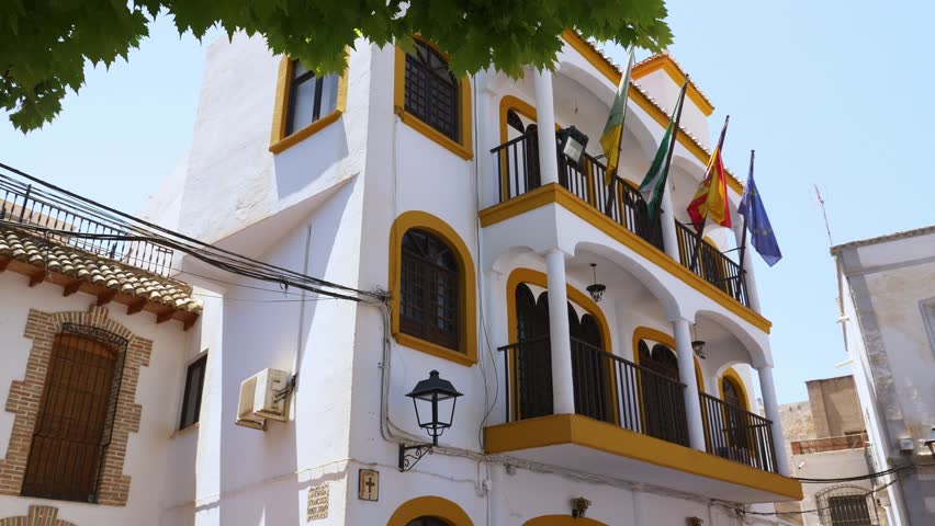 Exterior of town hall of the village of Alhama with white walls and internaional flags, south of Spain, in summer time