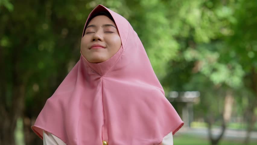 Closeup face of cheerful woman covered with headscarf smiling outdoors. Casual Islamic girl at the park. Freedom and relaxing outdoors. Happiness, smile, and face of Islamic female person with joy Royalty-Free Stock Footage #3412940163