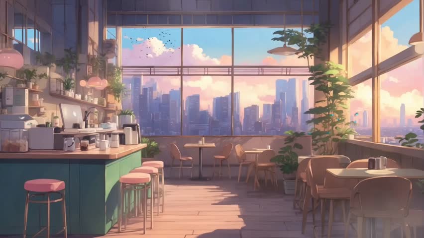 Cafe morning vibes, anime style digital painting. Looping time-lapse video background animation Royalty-Free Stock Footage #3412979777