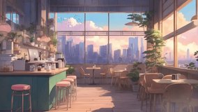Cafe morning vibes, anime style digital painting. Looping time-lapse video background animation