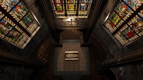 A camera moves from above a timber coffin laid out on a church altar, ascending toward the stained glass windows above. - Powered by Shutterstock - Get 15% off with code: PIKWIZARD15