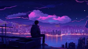Animated virtual Silhouette of boy on Landscape background night city. - Powered by Shutterstock - Get 15% off with code: PIKWIZARD15