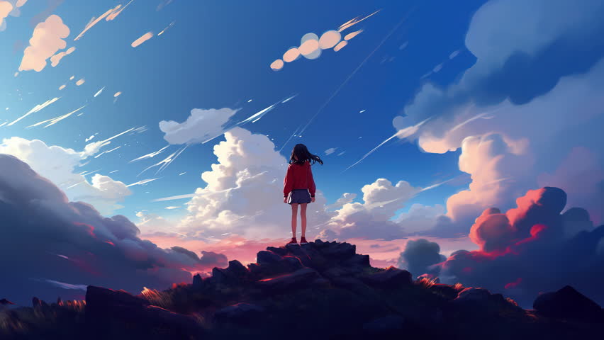 Animated virtual Girl looking out into the clouds. Anime style Royalty-Free Stock Footage #3413033377