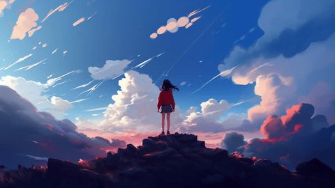 Animated virtual Girl looking out into the clouds. Anime style Video de stock