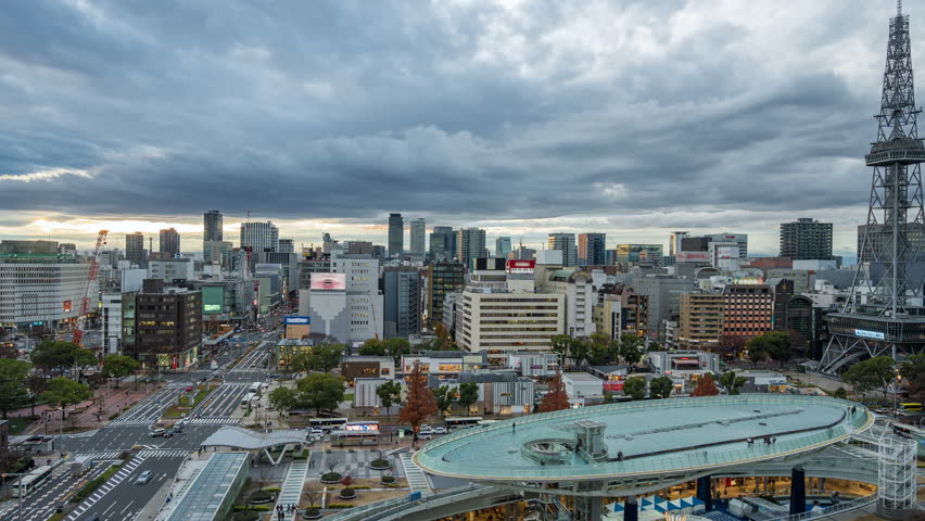 Day to night timelapse of Nagoya cityscape, Aichi Prefecture, Japan. 