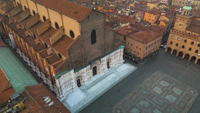Fixed Aerial View of Basilica San Petronio in Piazza Maggiore, Bologna, Italy