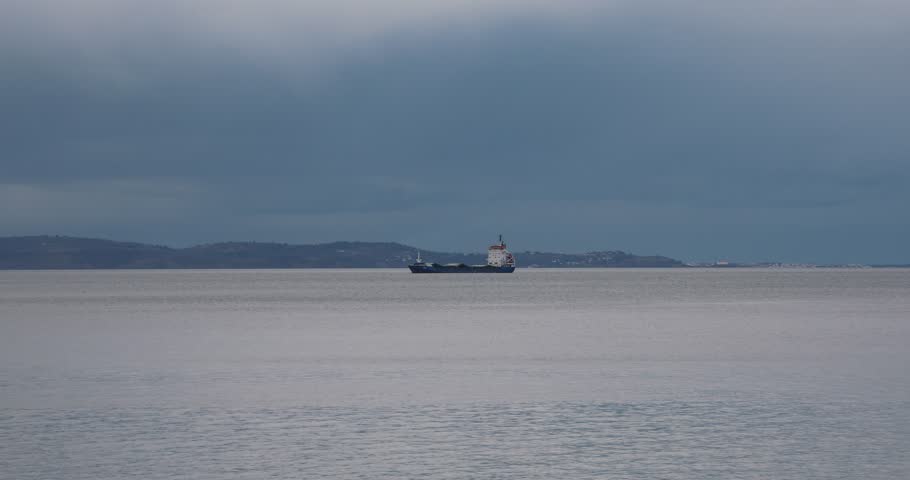 One Single Cargo Ship Moored at Bay of Trieste Adriatic Sea